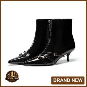 Women's Ankle Booties Buckle Strap Pointed Toe Kitten Heel Side Zipper